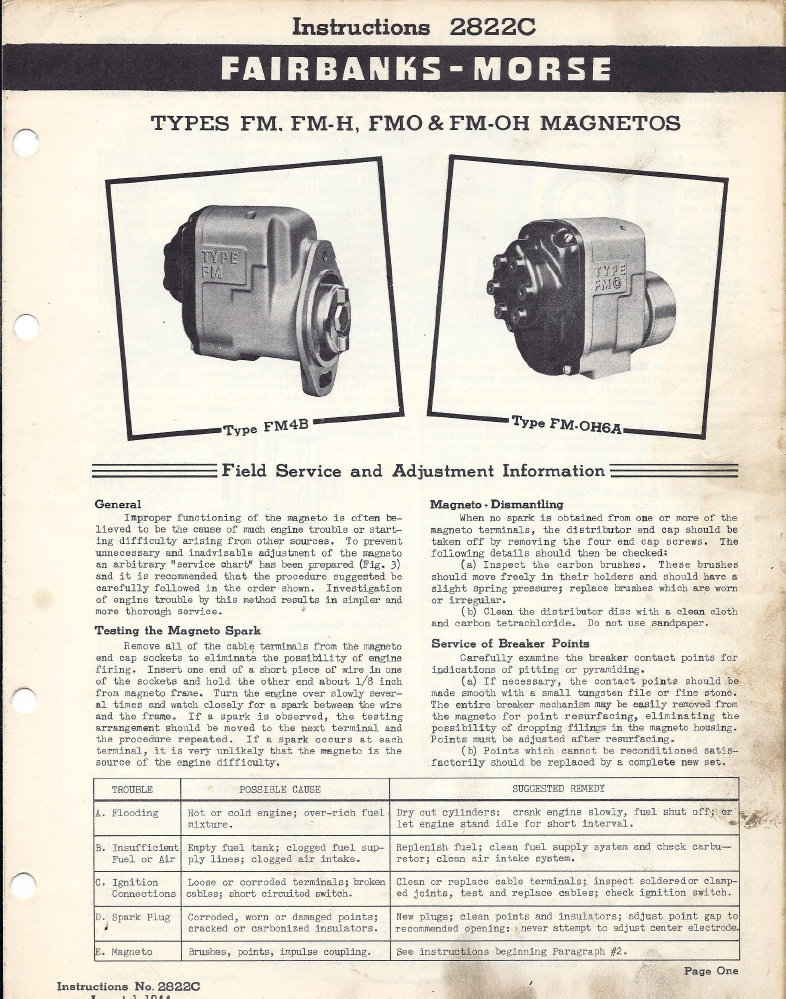 Fairbanks Morse Magneto Instruct &  Parts Manual for FM-K4A & FM-K4B Mags  *431 